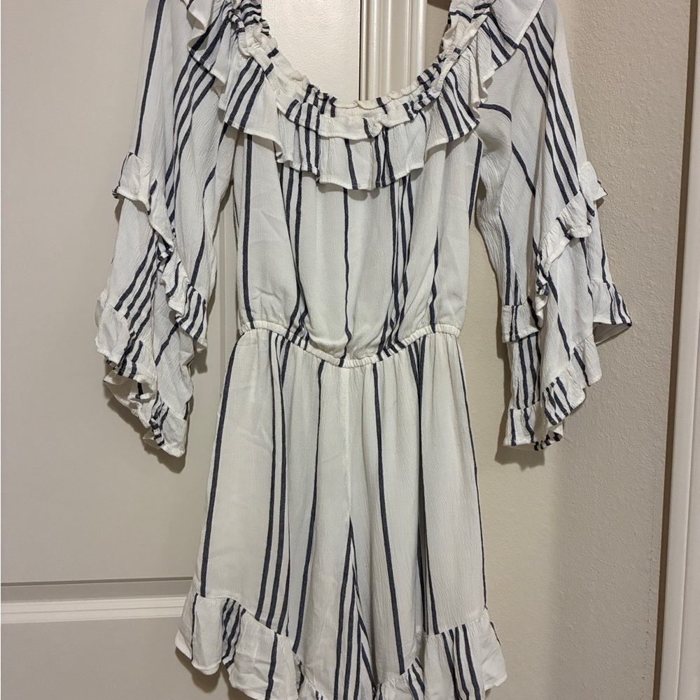 American Eagle Striped Ruffle Off-Shoulder Romper in Navy and White - Picture 2 of 3